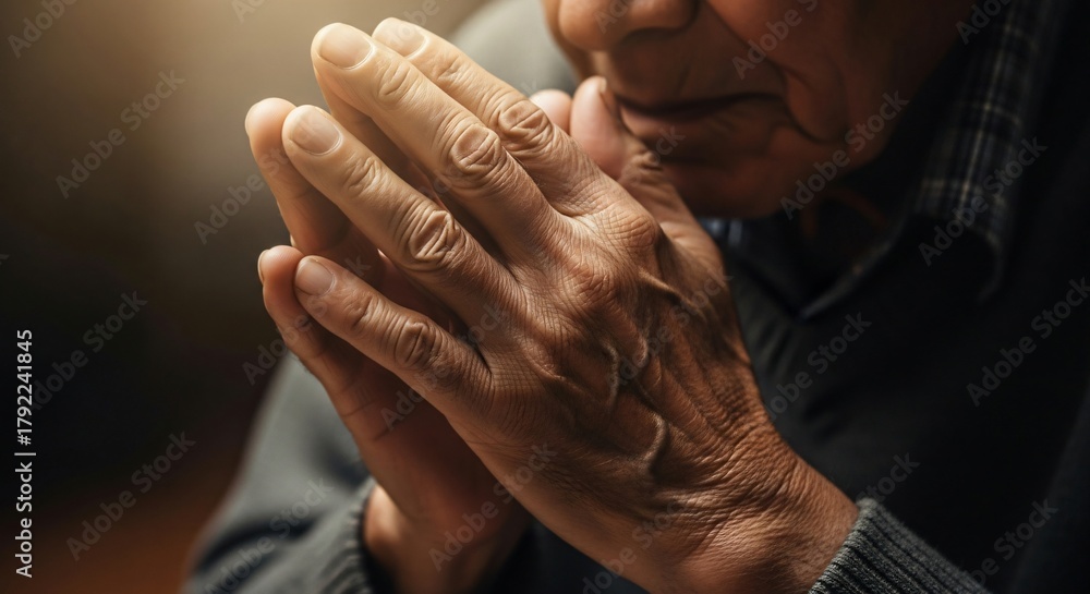 Fototapeta premium Prayer Hand Aged by Time Capturing Humility and Spiritual Endurance of an Old Man’s Belief
