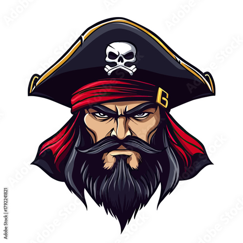 Intense pirate captain head with black beard, red bandana, skull on tricorn hat, fierce facial expression, detailed vector illustration for esports logo or mascot design