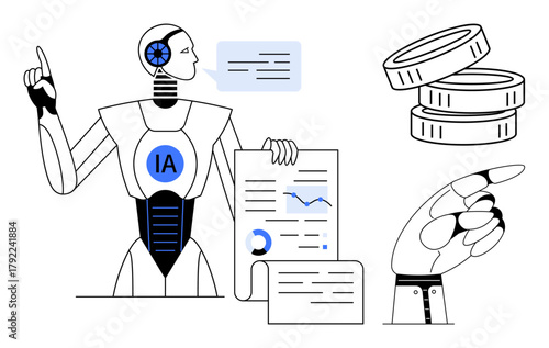 Cyborg explaining charts and reports with speech bubble, pointing to insights, coins stack, robotic hand. Ideal for AI, analytics, finance, innovation, technology data visualization automation