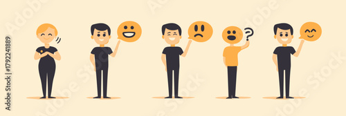 Set of diverse people characters holding emoji icons expressing different emotions and reactions for feedback rating and customer review concept in flat minimalist style