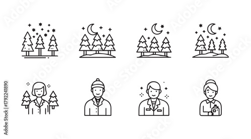 Set of eight hand drawn winter holiday icons including trees and people silhouette