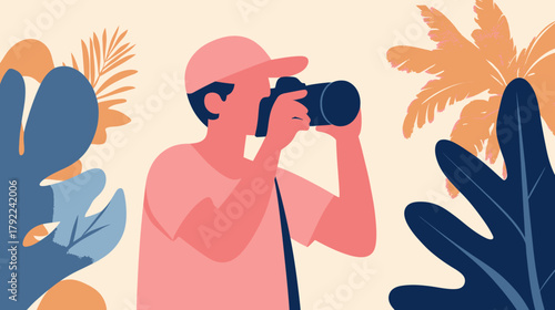 Flat minimalist vector illustration of person taking photo with camera surrounded by tropical leaves and plants in warm pastel colors