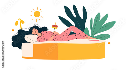Woman Relaxing in Bed Wearing Pink Pajamas Holding Birthday Cake with Candle Cozy Bedroom Interior Cartoon Vector Illustration