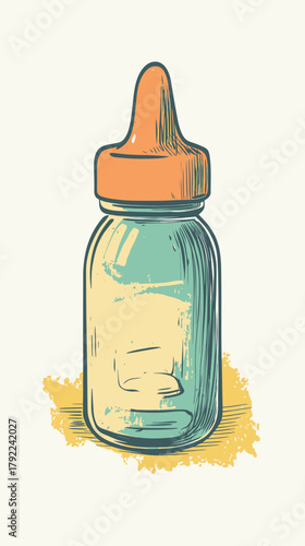 Hand-drawn vintage style baby bottle with orange nipple in flat minimalist vector illustration on light background for infant feeding concept