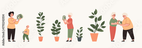 Senior people saving money and investing in pension funds with plants in pots symbolizing growth and financial planning for retirement security vector illustration