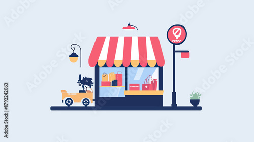 Flat minimalist vector illustration of small boutique shop exterior with shopping bags in window display and decorative elements on street