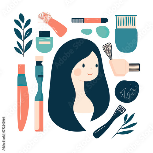 Flat minimalist vector illustration of woman with long hair surrounded by hair care tools and natural elements for hair health and grooming concept