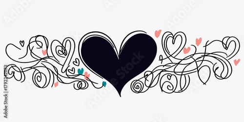 Hand drawn heart swirl divider with scribble lines and small colorful hearts romantic love sketch vector illustration for wedding and celebration design