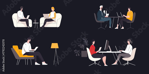 Four pairs of business people working in modern minimalist office setups using laptops and desktop computers with dark background vector illustration