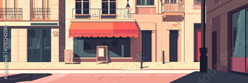 Urban street scene with storefront featuring red awning and shadows on historic building facade in flat minimalist vector style