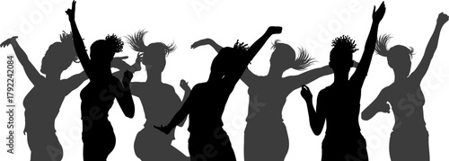 Silhouettes of women dancing in dynamic motion, suitable for scenes at a gig, party, festival, or celebration. Perfect for themes of music, energy, nightlife, performance culture and modern lifestyle