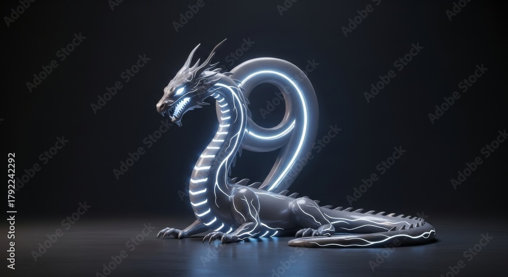 Obraz premium Glowing cyberpunk dragon lying down on dark surface