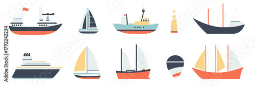 Set of flat minimalist vector icons featuring various types of boats and ships including yachts, sailboats, fishing boats, cruisers, and buoys with simple color schemes and clean lines