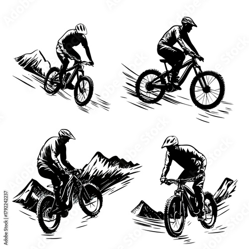 Black and white vector illustration of mountain bikers riding downhill and on mountainous terrain with dynamic motion lines and protective gear in minimalist style