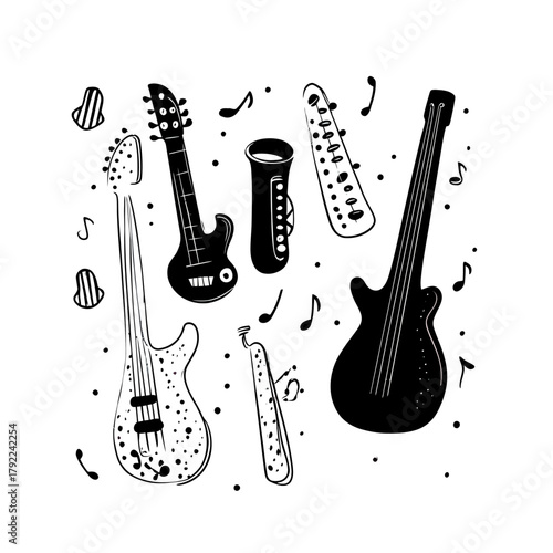 Hand Drawn Black and White Electric Guitars and Saxophones Music Instruments Doodle Sketch with Musical Notes Vector Illustration for Music Theme