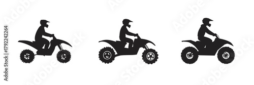ATV rider silhouettes set with helmet quad bikes different tire designs off road vehicle icons black minimalist style on white background vector illustration