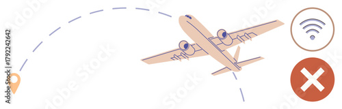Airplane on curved dotted path, location pin, wireless icon, and prohibition sign. Ideal for travel, navigation, flight, technology restrictions wireless access and transportation. Simple flat