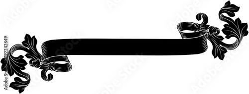 A scroll with filigree medieval crest coat of arms heraldic style pattern motif. In a vintage woodcut etching style.