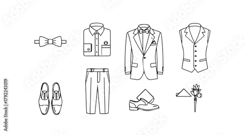 Collection of formal and casual men s clothing items in a minimalist silhouette style
