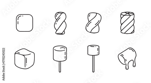 Collection of hand drawn marshmallow shapes and styles in a simple silhouette illustration
