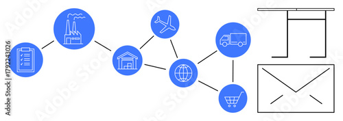 Factory, airplane, warehouse, truck, globe, shopping cart, clipboard, and mail envelope linked to illustrate logistics distribution ecommerce teamwork production connectivity operations. Ideal