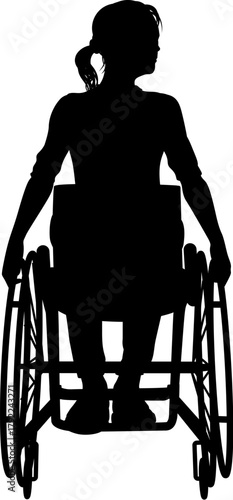 Silhouette of a woman sitting upright in a wheelchair, viewed from the front, with hands resting on the wheels and head turned slightly to the side.