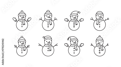 Collection of eight hand drawn snowman illustrations in a simple line art silhouette style