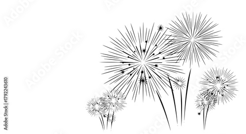 Vector illustration of fireworks exploding in the sky, minimalist style, clean lines