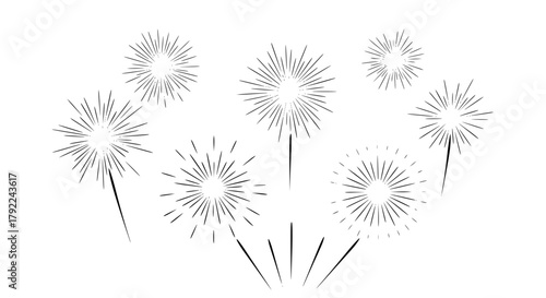 Vector illustration of fireworks exploding in the sky, minimalist style, clean lines