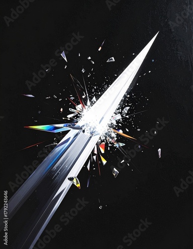 A beam of pure white light passes through an invisible, complex prism, refracting into a burst of sharp, crystalline shards of color frozen in mid-air. 
