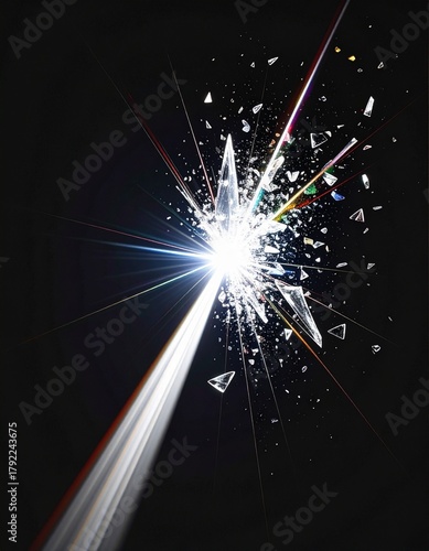 A beam of pure white light passes through an invisible, complex prism, refracting into a burst of sharp, crystalline shards of color frozen in mid-air. 