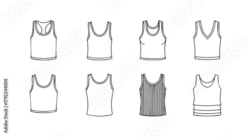 Collection of eight different basketball jersey silhouettes in a clean line art style silhouette