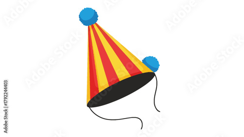 A conical party hat with red and yellow stripes and blue pompoms