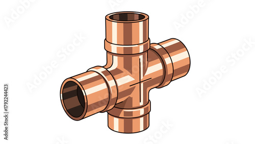 A copper pipe cross fitting on a white background