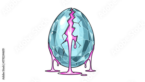 A cracked crystal egg with pink goo dripping down