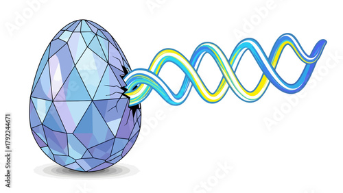 A cracked diamond egg releases a swirling double helix DNA strand