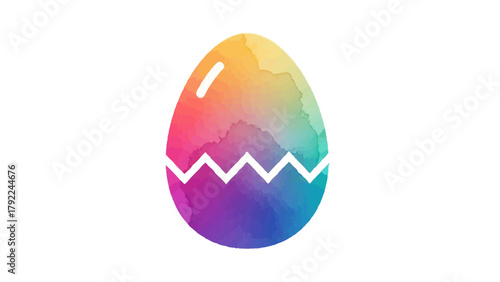 A cracked Easter egg with a rainbow watercolor fill on a white background