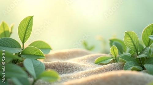 Natural green leaves growing on smooth warm sand with soft sunlight background