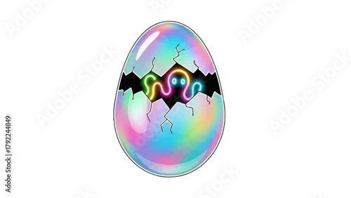 A cracked holographic egg reveals a glowing neon creature with two eyes