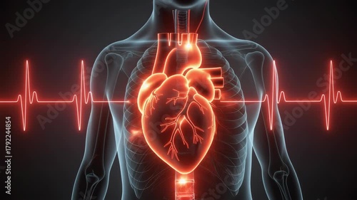 3D medical animation of a beating heart with electrical signals and cardiogram