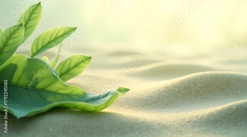 Soft natural green leaves over smooth warm sand abstract background