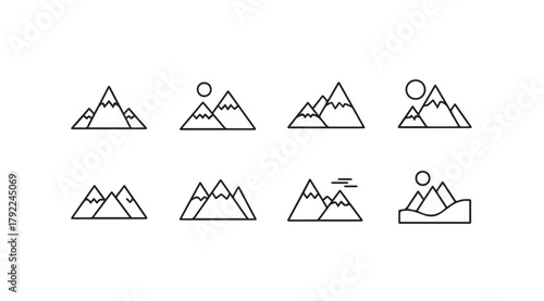 Collection of minimalist mountain range icons in a simple line art silhouette style