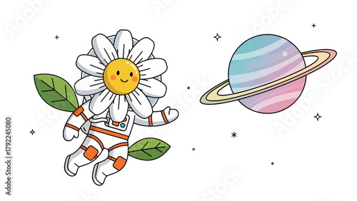 A daisy astronaut floats in space next to a pastel ringed planet
