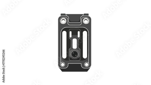 A dark gray camera mount with a central circular lens