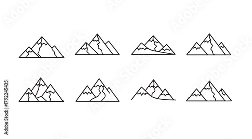 Collection of stylized mountain range silhouettes in a simple line art design silhouette