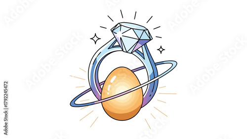 A diamond ring encircles a glowing golden egg with stylized rays