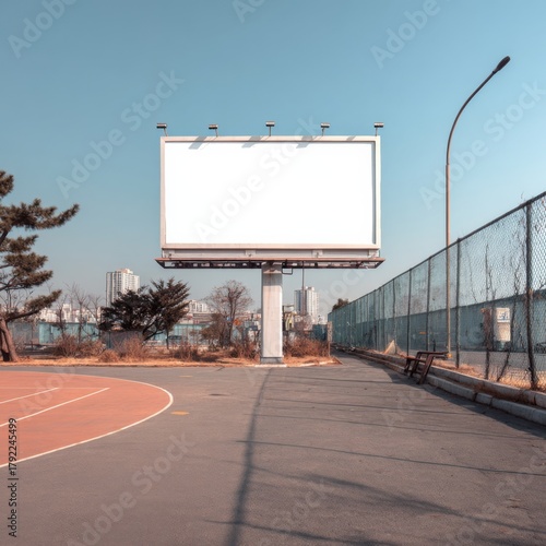 Empty billboard situated near an outdoor sports court surrounded by greenery and urban elements in a serene environment