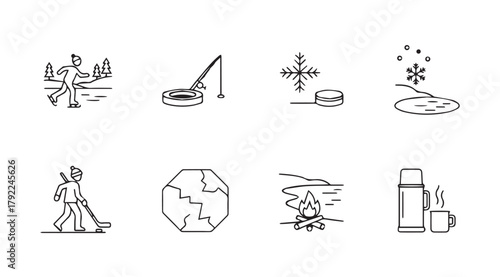 Collection of eight simple line art icons depicting winter activities and elements silhouette