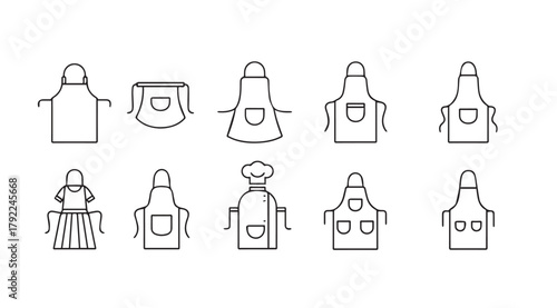 Collection of various apron styles and chef hats in a clean line art silhouette