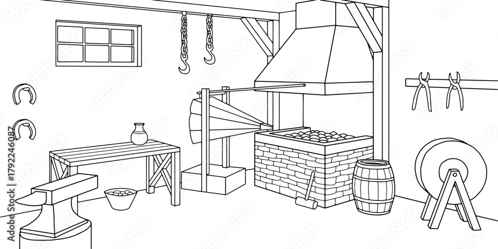 Naklejka premium Smithy interior graphic black white illustration vector